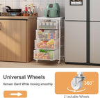 4-Tier Kitchen Storage Cart - Fruit Vegetable Storage Cart with Drawers, Wooden Top Metal Wire Kitchen Organizer and Storage Cart with Wheels to Storage Onions Potatoes Cans Snacks for Kitchen