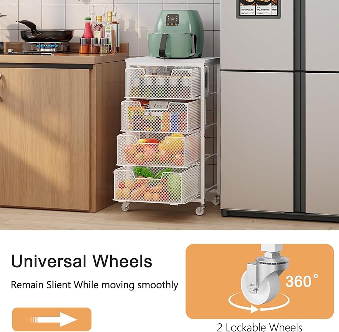 4-Tier Kitchen Storage Cart - Fruit Vegetable Storage Cart with Drawers, Wooden Top Metal Wire Kitchen Organizer and Storage Cart with Wheels to Storage Onions Potatoes Cans Snacks for Kitchen