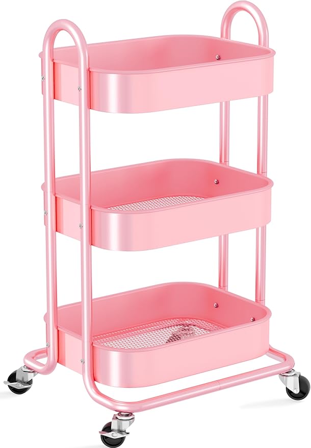 3 Tier Rolling Storage Cart Metal with Lockable Wheels & Reinforced Handle, Three Tiered Art Cart Organizer on Wheels, Pink Utility Carts for Kitchen, Bathroom, Garage, Baby Diaper, Craft, Teacher