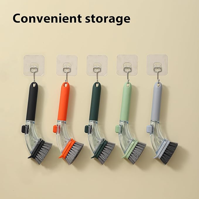 Soap Dispensing Dish Brush with Handle, Kitchen Scrub Brush for Dishes Pots Pans Sink Cleaning (Black)