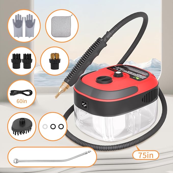 Handheld Pressurized Steam Cleaner,2500W Handheld High Temp Portable Cleaning Machine, Cleaning for Couch, Auto, Floor and More (Red)