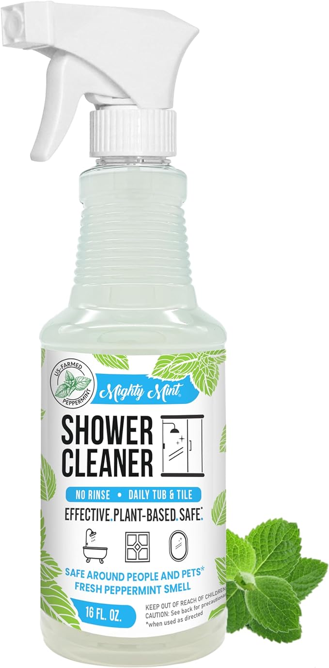 Mighty Mint Shower Cleaner, No-Rinse, No-Scrub, Daily Spray for Glass, Tile, Grout, Fresh Peppermint Scent, 16oz