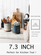 Utensil Holder, 360° Rotating Extra Large Ceramic Kitchen Utensil Holder for Countertop, 7.3“ Cooking Utensil Crocks for Kitchen Counter with Rotatable Wooden Base, Farmhouse Decor, Grey