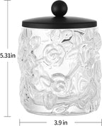 Clear Transparent Apothecary Floral Embossed Glass Jar With Matte Black Metal Lid Cover for Bathroom Organization, Cotton Balls, Q Tips, and Small Accessories, Bathroom Storage