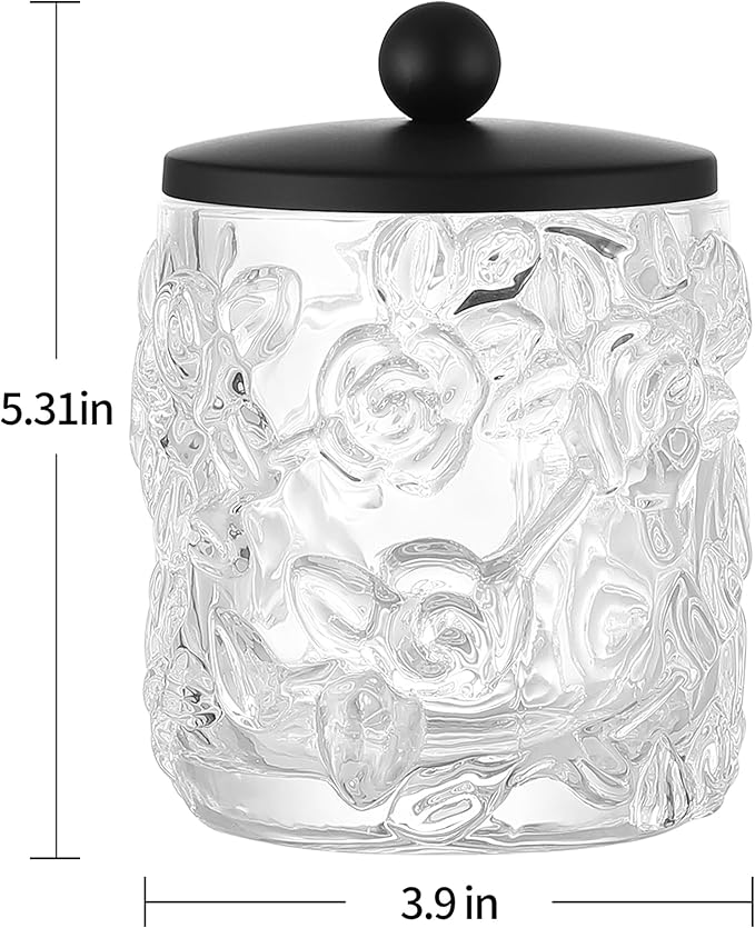 Clear Transparent Apothecary Floral Embossed Glass Jar With Matte Black Metal Lid Cover for Bathroom Organization, Cotton Balls, Q Tips, and Small Accessories, Bathroom Storage