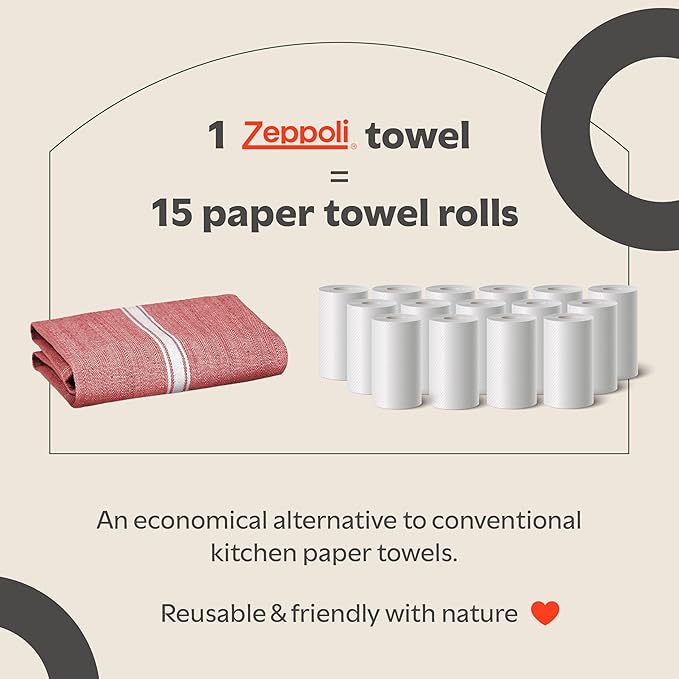 Zeppoli Classic 15 Pack 100% Natural Cotton Kitchen Towel Set, Reusable Wash Cloths, Absorbent Dish Towels, Machine Washable Hand Towels, Kitchen Essentials - 14' by 25' - Red Base
