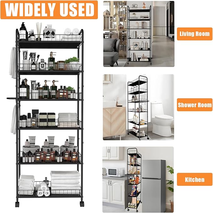 6 Tier 10in Slim Rolling Storage Cart with Handle, Mobile Shelving Unit with Wheels, Metal Wire Storage Rack with Baskets for Kitchen Bathroom Office Laundry Narrow Piaces