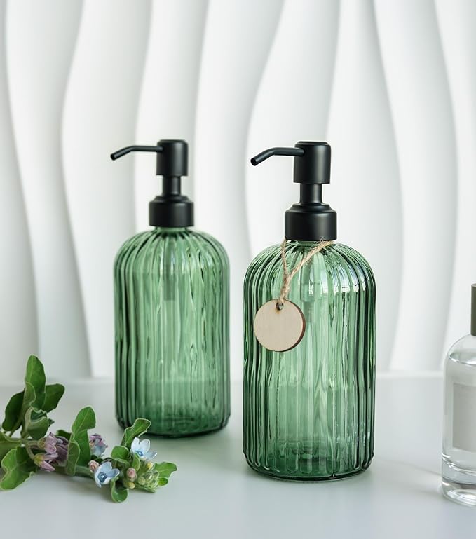 JASAI 18Oz Green Glass Soap Dispenser with Black Rust Proof Pump, Refillable Bathroom soap Dispenser with Thick Glass, Soap Dispenser Bathroom for Kitchen Dish soap, Hand Soap, Lotion, Body Wash.