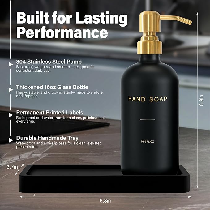 Black Soap Dispenser for Kitchen Sink, Hand and Dish Soap Dispenser with Stainless Steel Pump, Perfect for Gold Kitchen Accessories. (Gold & Black)
