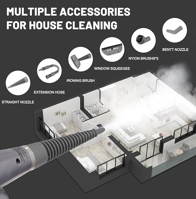 Handheld Steam Cleaner, Pressurized Multi-Surface Steam Shot with 13 Accessories, Safety Lock, Steamer for Cleaning Floor, Upholstery, Grout, Windows, Couch and Car, Grey