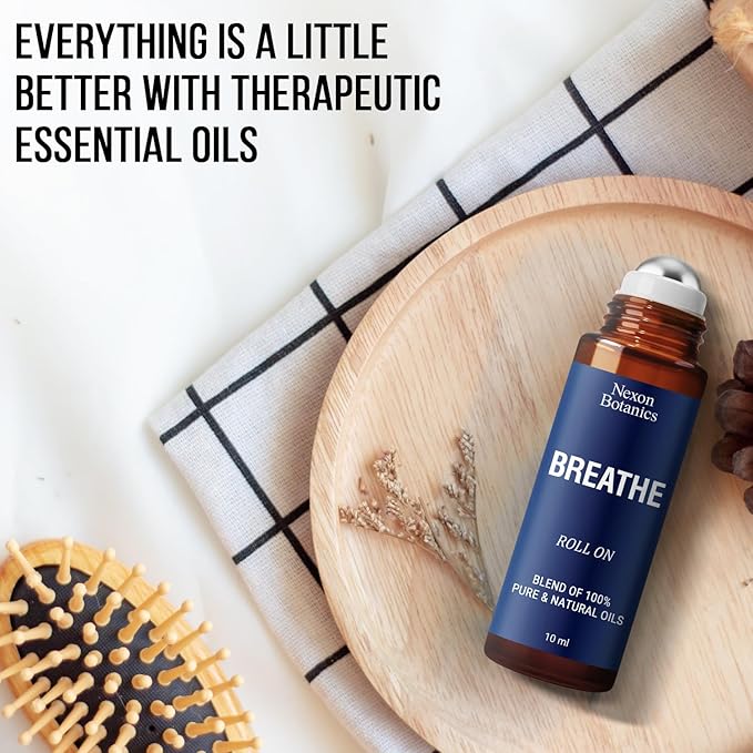 Breathe Essential Oil Roll-On Blend 10 ml - Pure Eucalyptus, Peppermint & Rosemary Oils Roller for Clear Breathing & Respiratory Support - Nexon Botanics