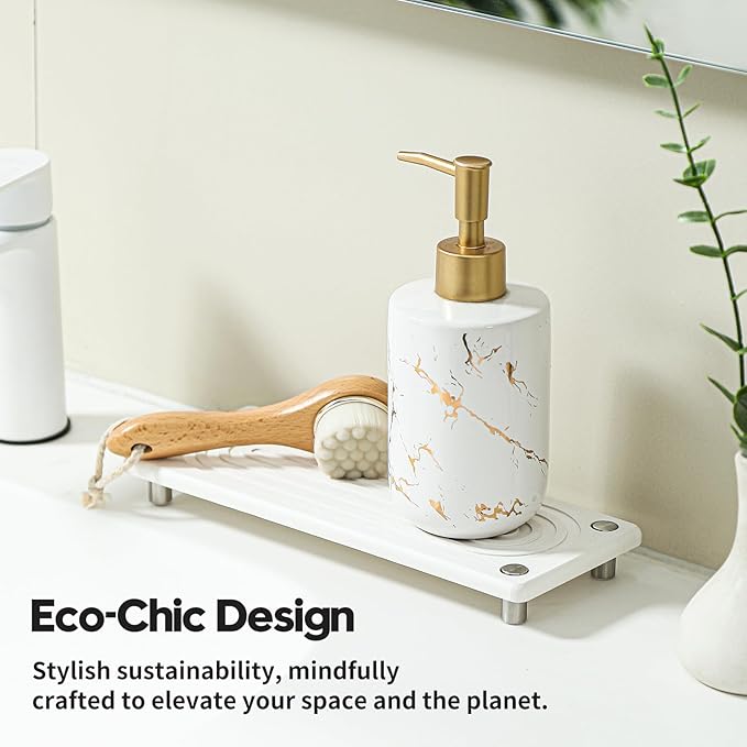 Water Absorbing Stone Sink Caddy, Diatomite Kitchen Sink Organizer, Bathroom Counter Tray, Faucet Drying Mat Coaster Soap Dish Rack Riser Dispenser Sponge Holder, Silver, White 10" x 4"