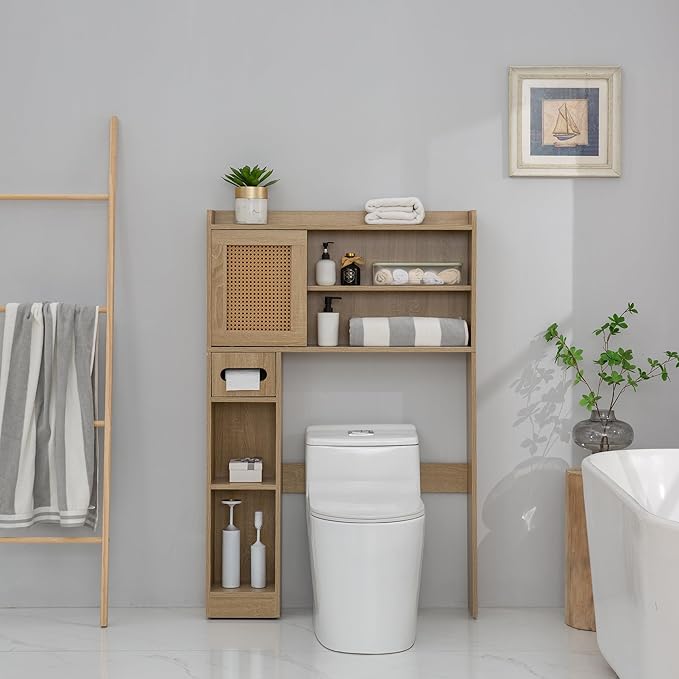 6Tier Over The Toilet Storage Cabinet, Freestanding Above Toilet Space Saver Rack w/Adjustable Shelves, Sliding Door, Multifunctional Over Toilet Organizer for Bathroom (Burlywood)