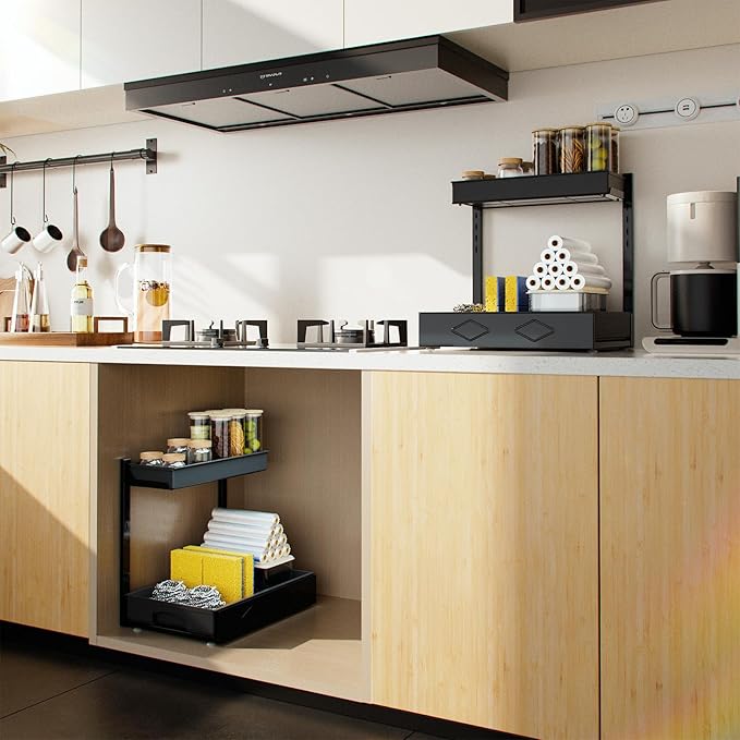 Metal Under Sink Organizers and Storage, 2 Pack Under Bathroom Sink Organizer, 2 Tier Pull out Cabinet Organizer, Adjustable Under Sink Organizer, Under Sink Storage for Bathroom, Black