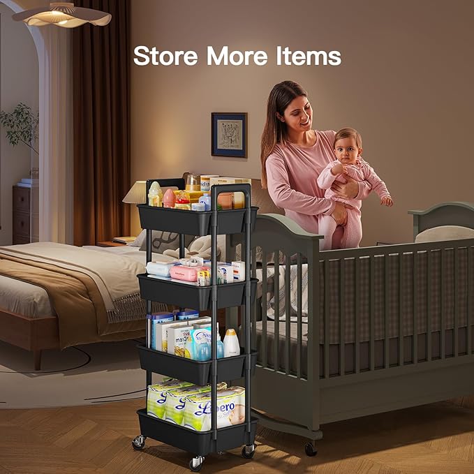 Pipishell 4-Tier Rolling Cart, Plastic Cart with Lockable Wheels & Reinforced Handle, Lightweight Utility Storage for Nursery, Bathroom, Craft Room, Black