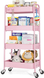 TOOLF 4-Tier Metal Rolling Cart with Wheels, Storage Utility Organizer Cart for Kitchen, Bathroom, Office, Baby Essentials & Makeup - Lockable Casters, Easy Assembly, 132 lbs Capacity, Pink