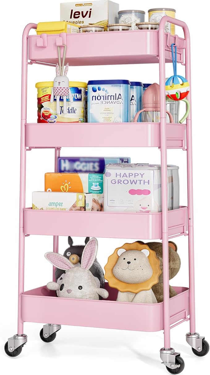 TOOLF 4-Tier Metal Rolling Cart with Wheels, Storage Utility Organizer Cart for Kitchen, Bathroom, Office, Baby Essentials & Makeup - Lockable Casters, Easy Assembly, 132 lbs Capacity, Pink