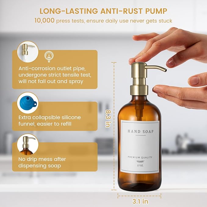 Glass Soap Dispenser for Kitchen Sink,Farmhouse Kitchen Dish Soap Dispenser&Hand Soap Dispenser Set,Rustproof Pump Bathroom Soap Dispenser with Tray,Waterproof Label for Kitchen Decor(Amber