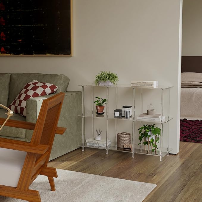 Acrylic Horizontal Bookshelf, 11.6" D x 35.4" W x 26.5" H, 3-Tier Clear 6 Cube Organizer Bookcase, Open Low Book Shelf for Home Office, Living Room, Bedroom, Modern, Easy Assembly