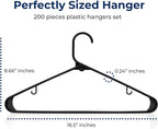 SereneLife Plastic Hangers 200 pcs, Non-Slip Heavy Duty Clothes Hanger Set with 360° Swivel Hook, Smooth Finish to Protect Fabric, Lightweight, Ultra-Thin Hangers for Coats and Other Clothes (Black)