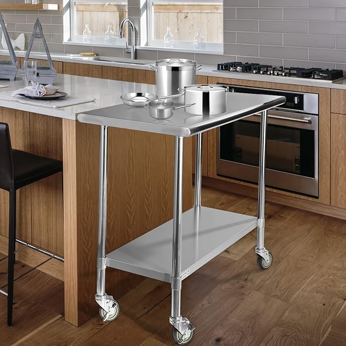 STABLEINK Stainless Steel Table with Caster Wheels 24 x 48 Inches, NSF Commercial Prep & Work Table with Adjustable Undershelf and Table Foot, for Commercial Kitchen, Restaurant, Hotel and Garage
