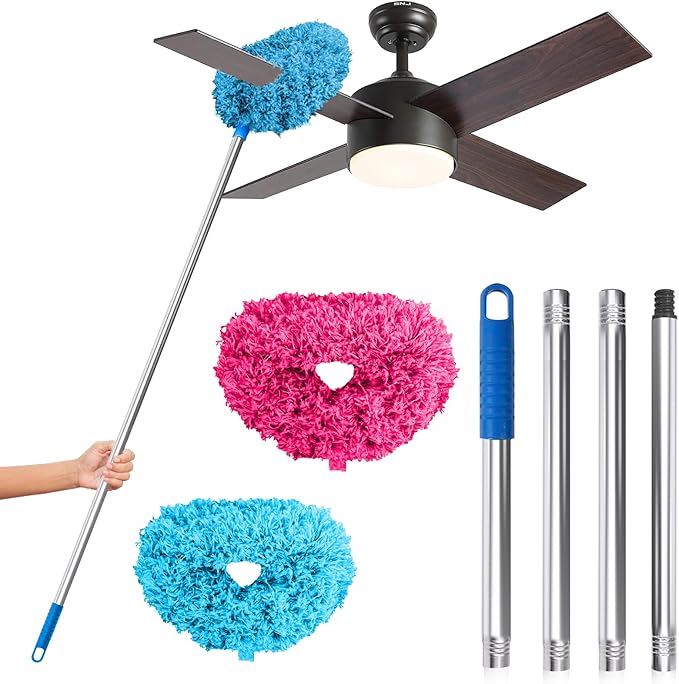 DRQ Ceiling Fan Cleaner Duster, 2 Pack Reusable Microfiber Duster with Extension Pole, 13 to 50 Inch Fan Blade Cleaner, Removable Dusters for Cleaning Walls Bookshelves Door Window Top (Blue Pink)