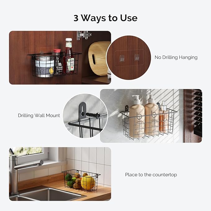 MaraFansie Hanging Kitchen Baskets Wire Storage Basket Adhesive and Screws Basket Over the Cabinet Door Organizer with Adhesive Strips and Screws Accessories, 2 Installations, 2 Pack