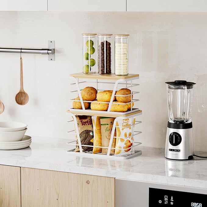 2 Pack Stackable Laundry Room Organization and Storage, Laundry Room Decor and Accessories, Trash Bag Holder with Bamboo Top and Garbage Bag Dispenser, White