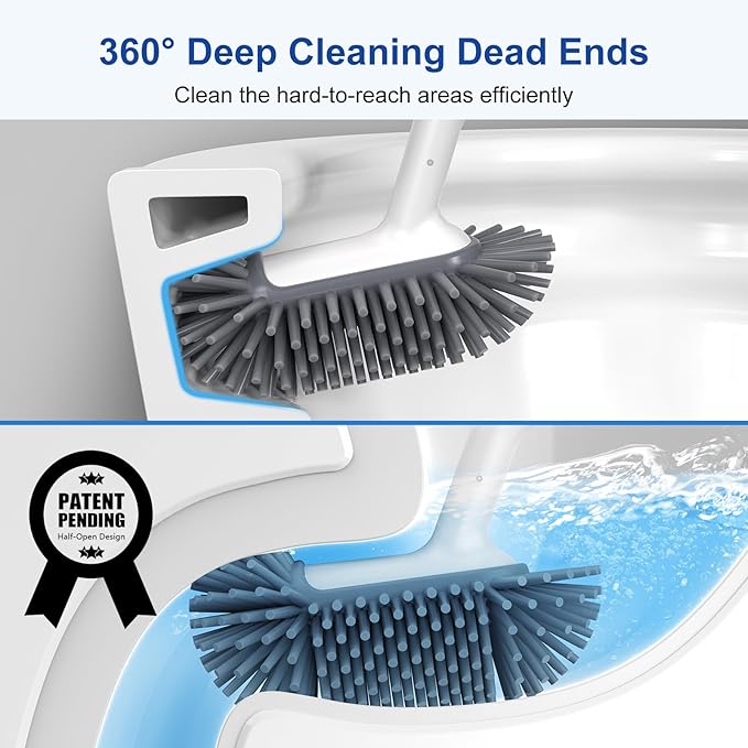 HAMITOR Toilet Bowl Brush Holder Set: 2Pack Deep Cleaning Silicone Toilet Scrubber Under Rim with Curved Bristle for Bathroom Dead Corner Clean - Modern Rv Decorative Accessories