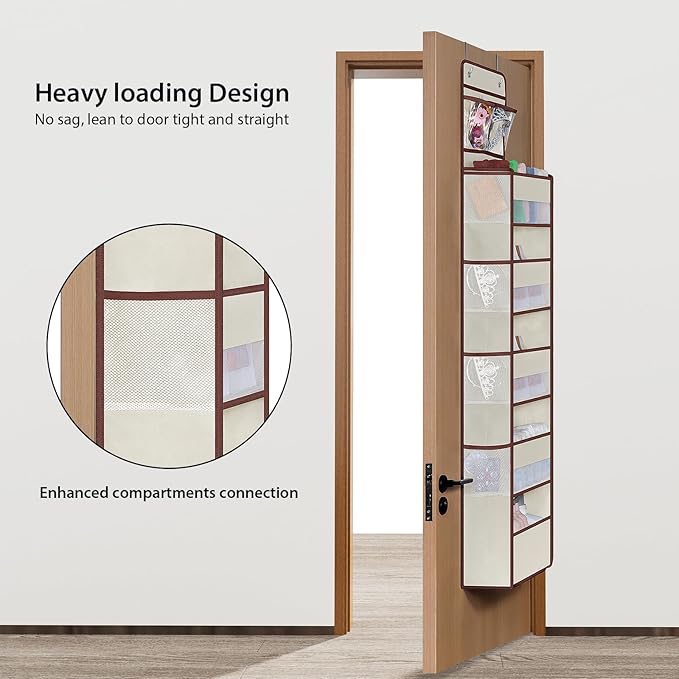 Univivi Over The Door Organizer - Wall Mount Hanging Organizer with 5 Large Compartments, 2 Small PVC Pockets and 8 Mesh Side Pockets for Cosmetics, Toys and Sundries (Beige)