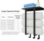 Towel Racks for Bathroom, Towel Rack with Shelf and 3 Hooks, Towel Storage Holders Wall for Rolled Bath Towels, Black
