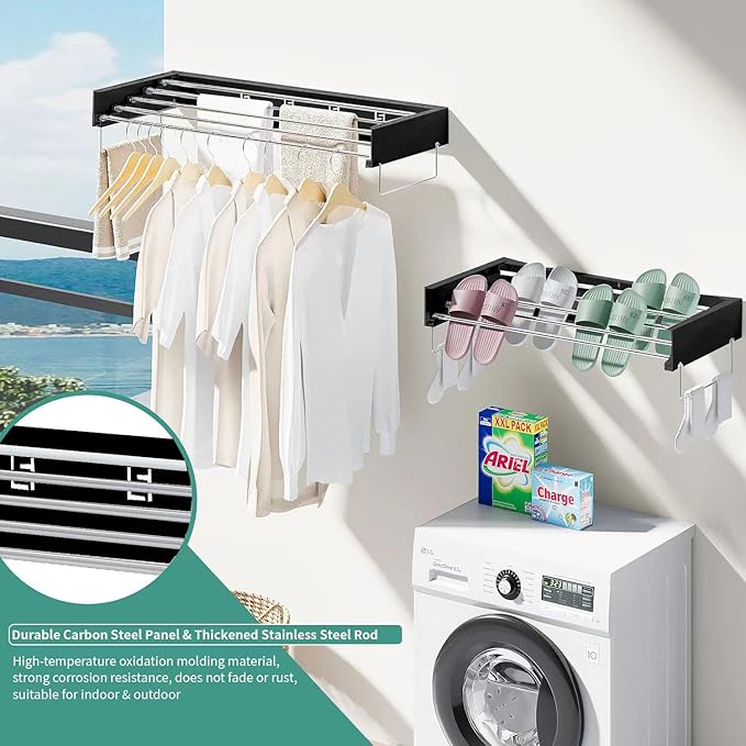 Wall Mounted Laundry Rack, Collapsible Clothes & Towel Drying Rack for Indoor & Outdoor, 60 lb Capacity, 31.5' Wide, 13.5 Linear Ft, Black