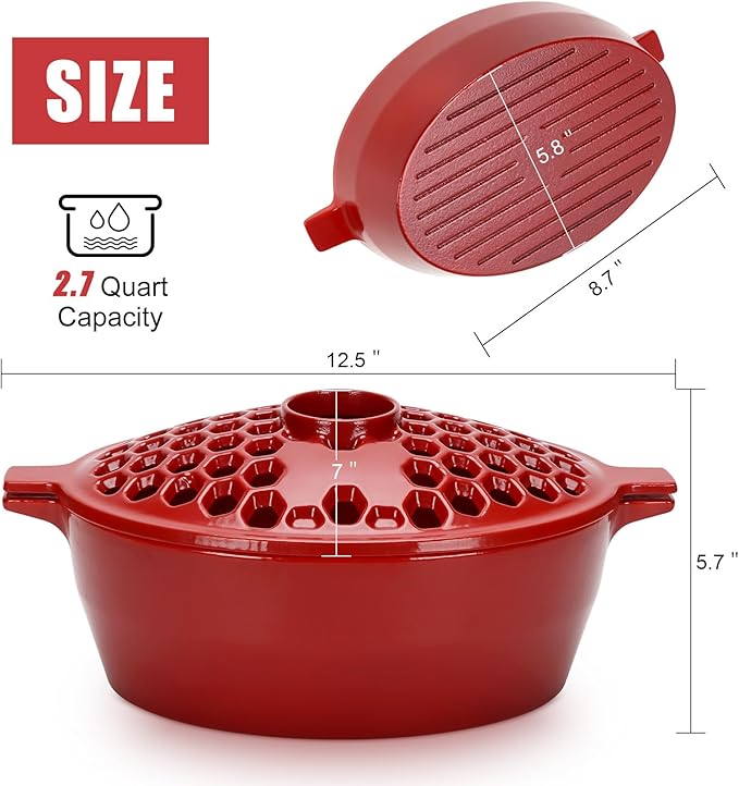 G GOOD GAIN Wood Stove Steamer - Cast Iron Stove Humidifier with Large Opening Top | Oval Bowl Fire Place Pot for Home Heating Decorative | Matte Finish & 2.7 Quart, Red