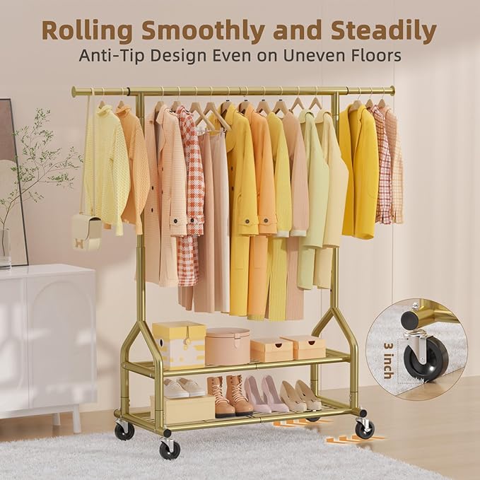 EAGMAK Heavy Duty Clothes Rack Load 556 LBS, Rolling Clothing Rack With Shelves, Height Adjustable Metal Clothes Hanger with Wheels Portable Wardrobe Organizer Garment Rod for Hanging Clothes (Gold)