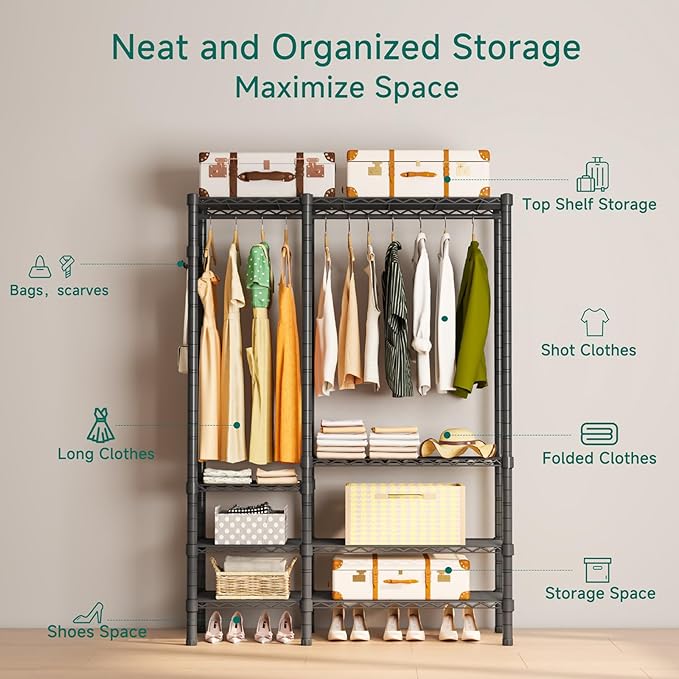 Heavy Duty Garment Rack, Metal Freestanding Closet Wardrobe Clothes Racks for Hanging Clothes, 4 Tiers Adjustable Wire Shelving, 44.9'' L x 16.5'' W x 76.8 '' H, Max Load 850LBS, Black
