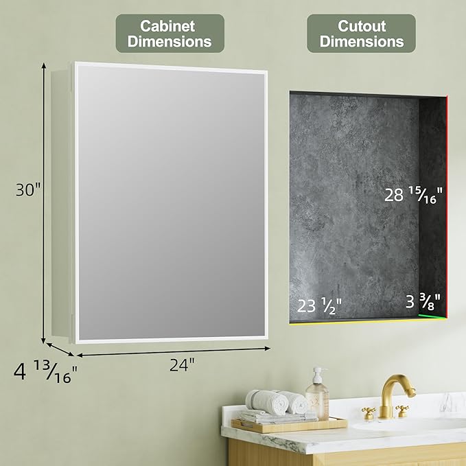 Buruis 24" x 30" Framed Medicine Cabinet with Mirror, Recessed or Wall Mounted Bathroom Cabinet, Adjustable Tempered Glass Shelves, Left/Right Open Reversible, No Assembly Required, White