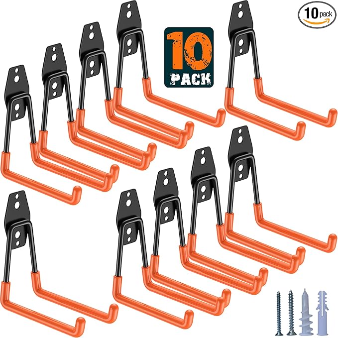 Heavy Duty Garage Hooks 10 Pack, 5.1 inch Medium U Shaped Hanger, Wall Mounted Storage System, Power and Garden Tool Organizer, for Hanging Ladders, Hose, Bulk Items and More