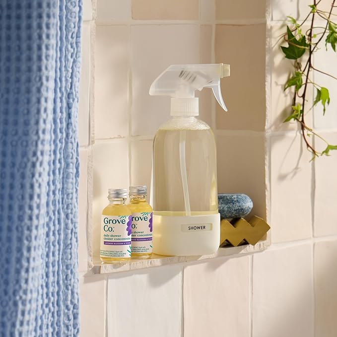 Grove Co. Daily Shower Cleaner, Refill Concentrate (2 x 1 Fl Oz) + 1 x Reusable Glass Spray Bottle (16 Oz), Plant-Based Cleaning Supplies, Reduced Plastic, Lavender Blossom & Thyme Fragrance