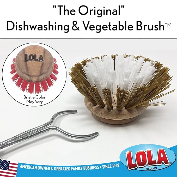 Lola Products Replacement Head for The Original Dishwashing & Vegetable Brush, Birch Hardwood & Nylon Poly Bristles, Reusable & Washable - 1 Pack