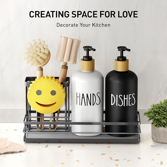 Moforoco Kitchen Dish Soap Dispenser Set, 16OZ Glass Bottle, Hand and Dish Soap Dispenser Set, Instant Dry Tray, Non-Slip Silicone Pad, Brush Holder with Smiley Face Sponge Holder, Kitchen Decor