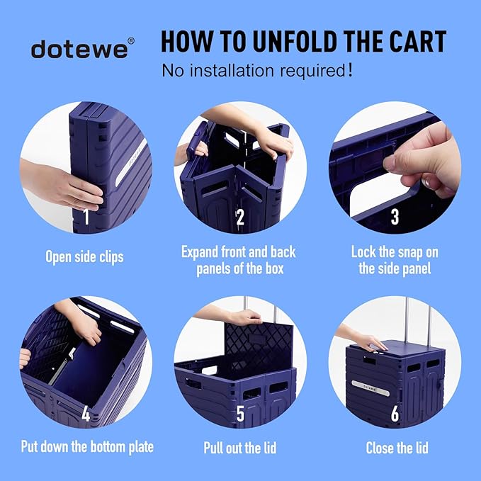 Folding Utility Cart Portable Rolling Crate Handcart Foldable Shopping Trolley Collapsible, with Lid, on Wheels, for Grocery, Garden, Office, Storage, Teacher, Tool (Purple)