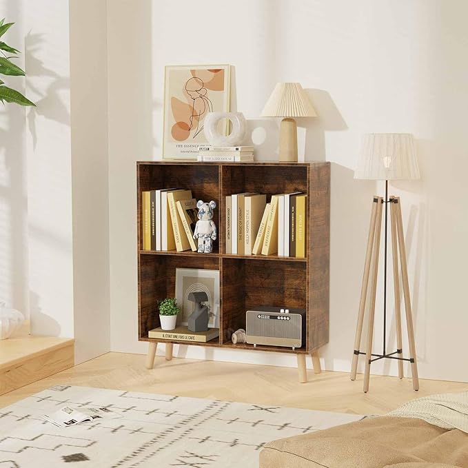 Lkeiyay Wooden 4 Cube Open Bookcase,2 Tier Mid-Century Bookshelf with Legs, Modern Storage Display Cabinet Organizer Bookshelves for Bedroom,Living Room,Office (Rustic Brown)