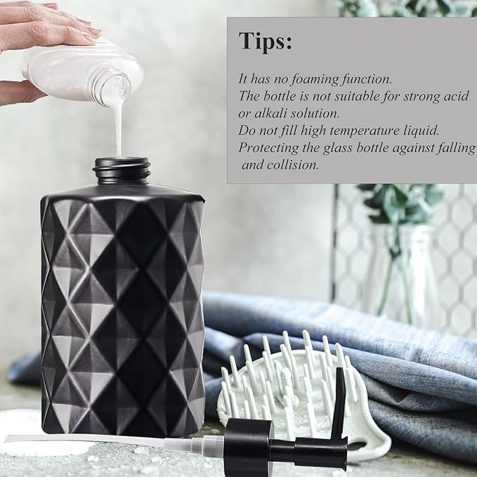 12Oz Small Glass Soap Dispenser with Black Plastic Pump, Black Refillable Kitchen Countertop Liquid Hand Soap Dispensers with Diamond Design, Crystal Bathroom Lotion Bottle for Dispense Dish Soap