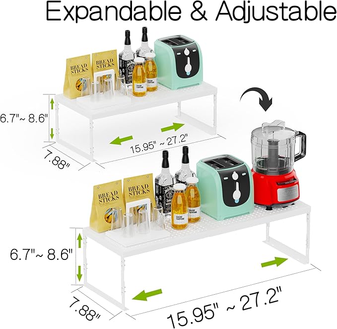Jojocross Adjustable Stackable Metal Storage Shelf Organizer - Expandable Wire Rack with Perforations for Kitchen, Pantry, Bathroom, Cabinet & Office-Compact, Durable & Sturdy (1PACK/Medium/White)