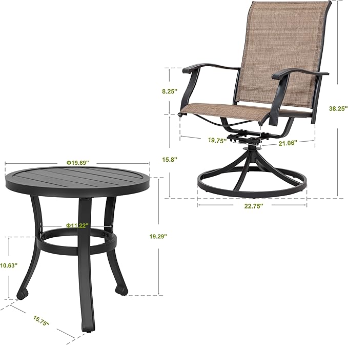 NUU GARDEN 3 Piece Outdoor Bistro Set, 2 Swivel Bistro Chairs and 20" Round Bistro Table, Patio Textilene Fabric, Powder-Coated Iron Frame, for Patio, Deck, Garden, Backyard, Black and Brown