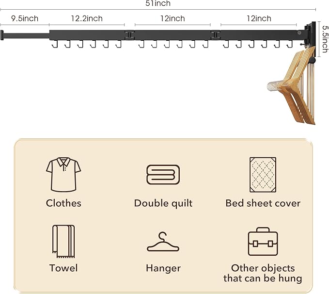 Wall Mounted Clothes Hanger,Clothes Drying Rack,Laundry Drying Rack,Drying Rack Clothing,Laundry Hanger Rack,Retractable Dryer Racks,Collapsible, Aluminum,can be Fold Upward & Left & Right