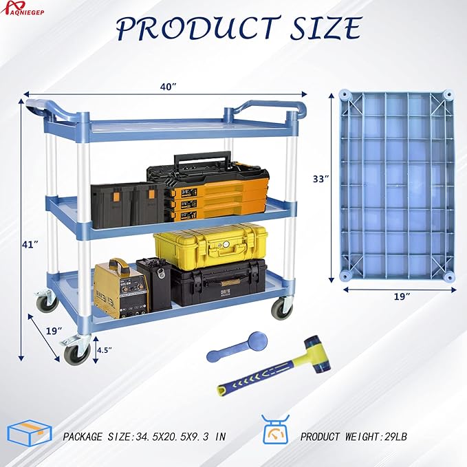 AQNIEGEP Utility Carts with Wheels, Large Food Kitchen Cart Heavy Duty, Rolling Service Cart w/Hammer for Restaurant, Office, Commercial, 600lbs Capacity, Lockable Wheels, 3-Tier