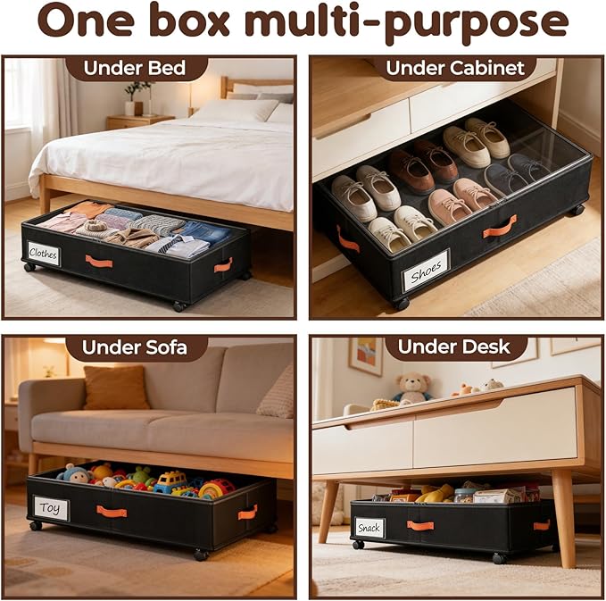 Under Bed Storage with Wheels 2-Pack, Under Bed Storage Containers 60L Clear Lids, Rolling Storage Drawers for Clothes Shoes Blankets, Underbed Organizer Bins(32" L x 17.3" W x 7.5" H)
