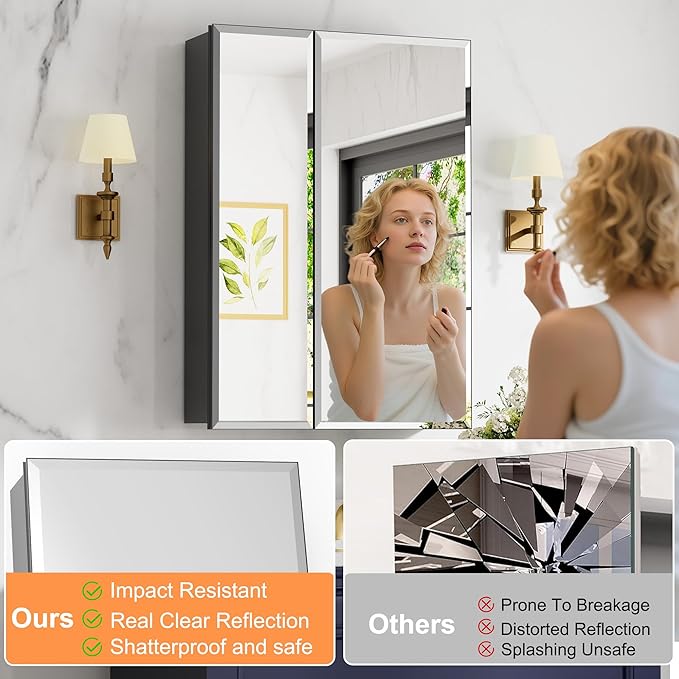 26x30 Inch Medicine Cabinet with Mirror, Aluminum Bathroom Mirror Cabinet, Beveled Edge Mirrored Double Door, Adjustable Shelves, Surface or Recessed Mount Mirrors with Storage,Black