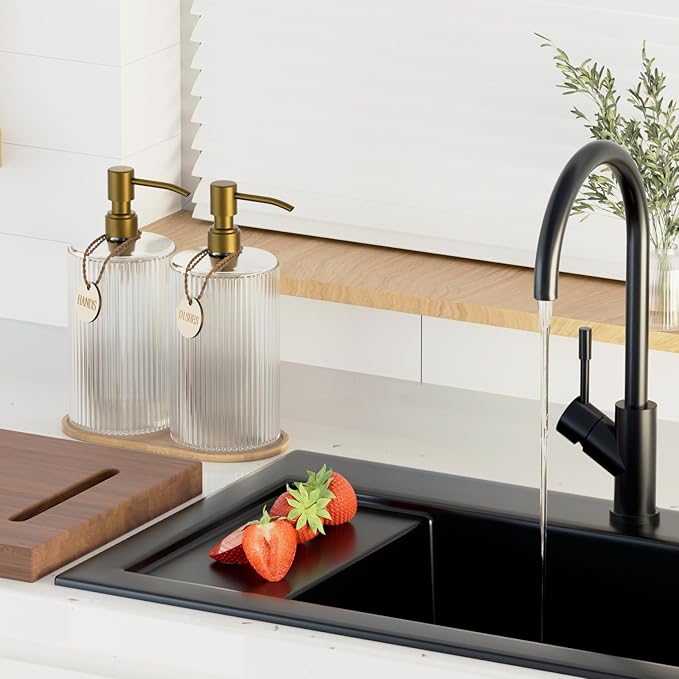 Kitchen Soap Dispenser Set,18Oz Glass Hand and Dish Soap Dispenser for Bathroom,with Wood Tray & Gold Stainless Steel Pump,Vertical Stripe Design